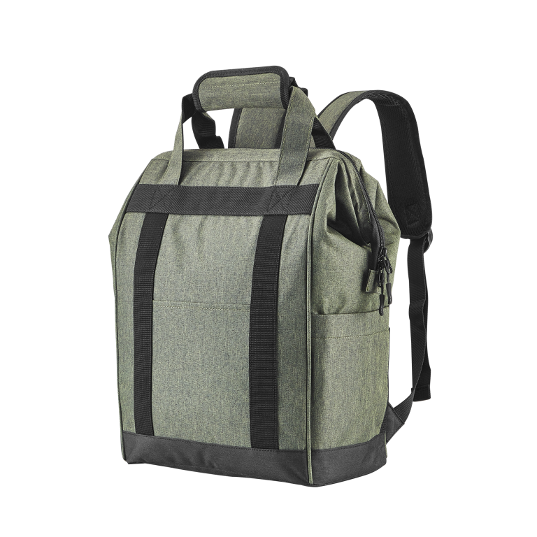 Sac à dos isotherme en tissu vert avec des bretelles et plusieurs poches.