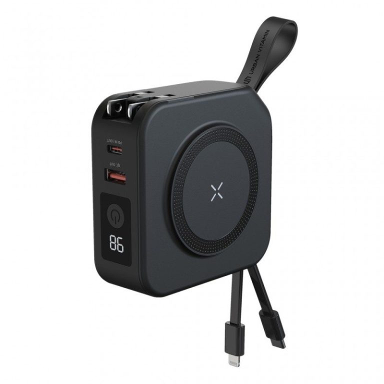 Chargeur portable compact avec ports USB et une section de câbles intégrée.